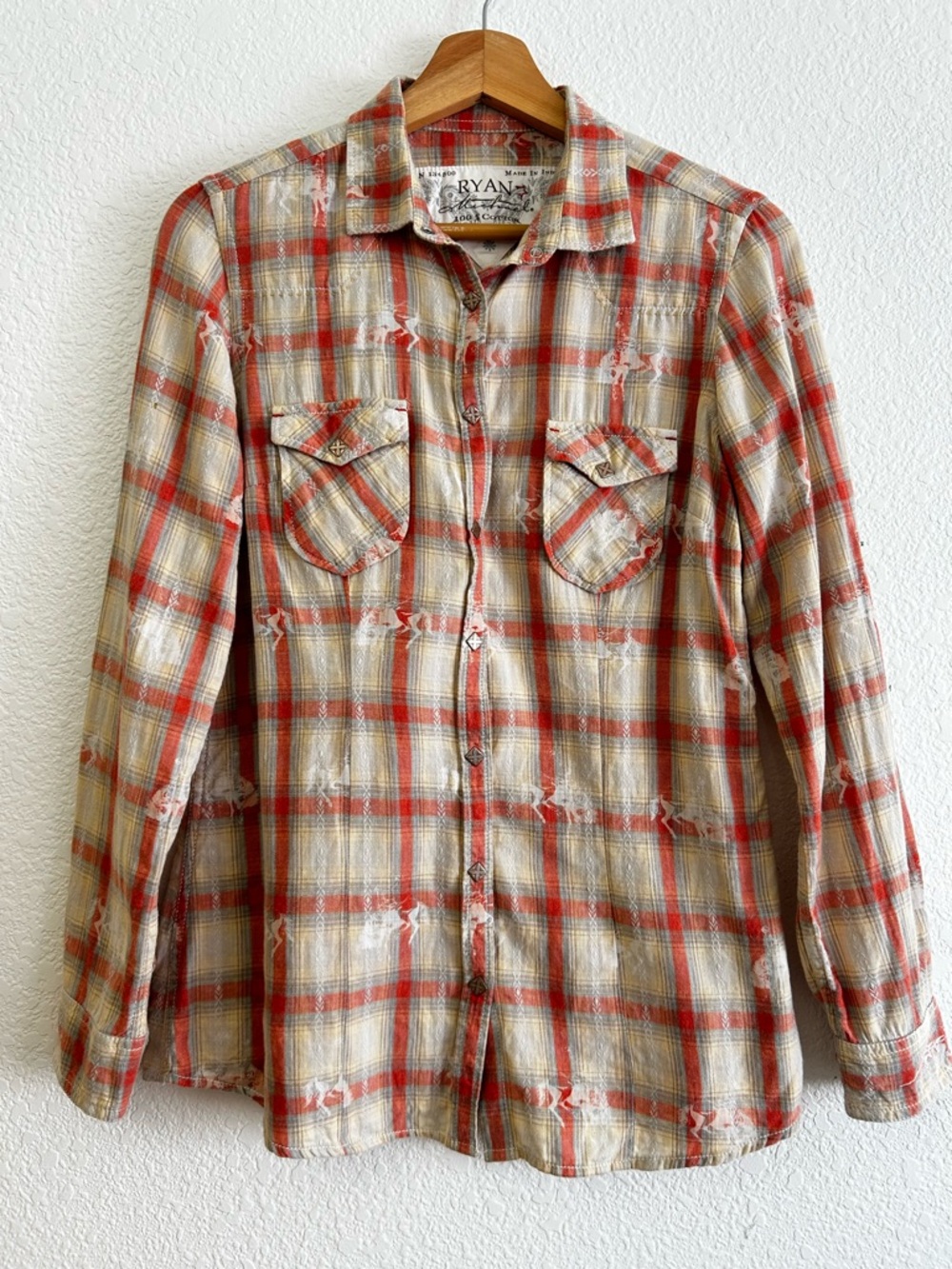 RYAN MICHAEL Size S Campfire Plaid Snap button Down Shirt 100%COTTON